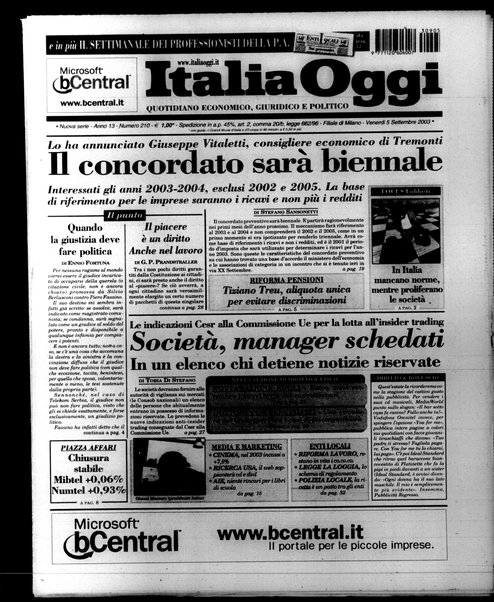 Italia oggi : quotidiano di economia finanza e politica